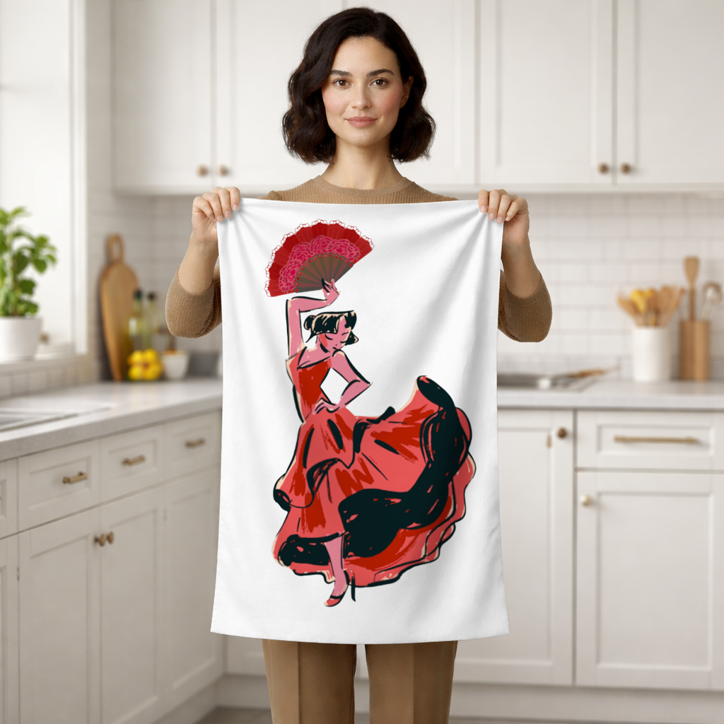 Flamenco Dancer with Fan Illustration Hand Towel