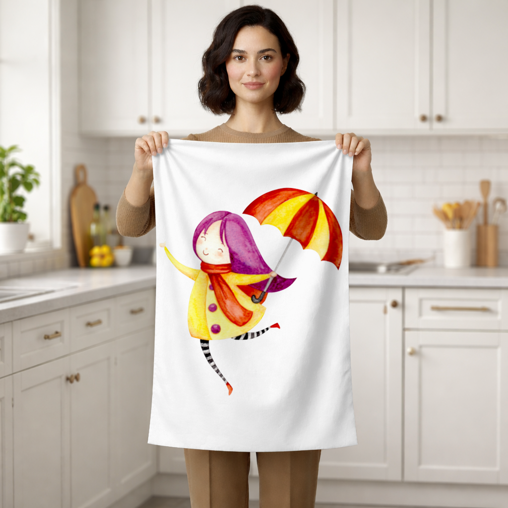 Cheerful Girl with Umbrella Hand Towel