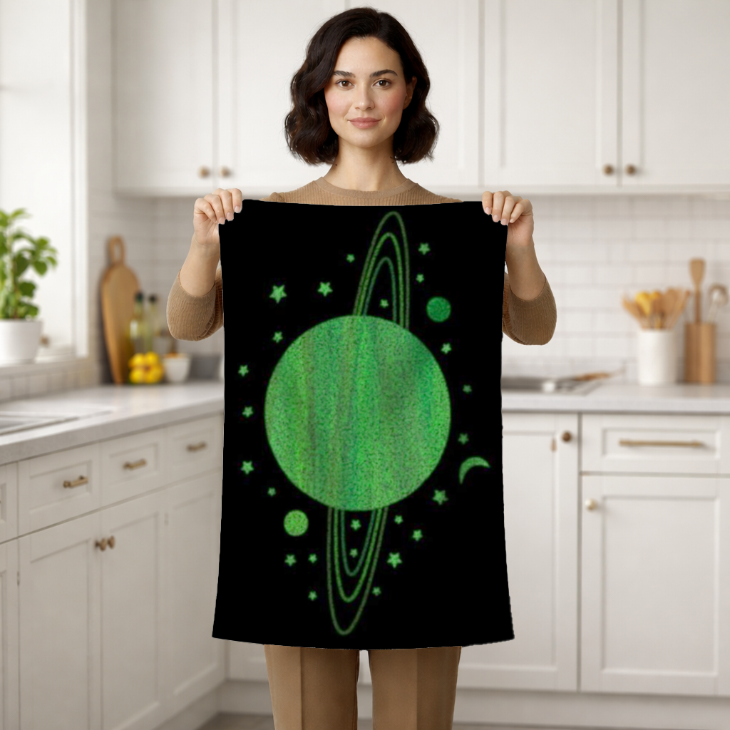 Green planets on a black background. 