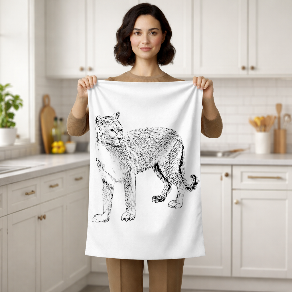 Black and White Wild Cat Sketch Illustration Hand Towel