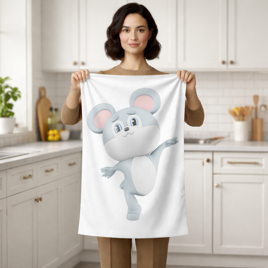 Dancing Cute Grey Mouse Character Hand Towel
