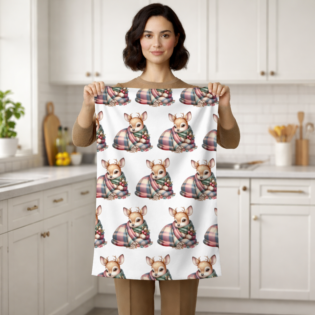 Kawaii Baby Deer with Plaid Scarf Hand Towel