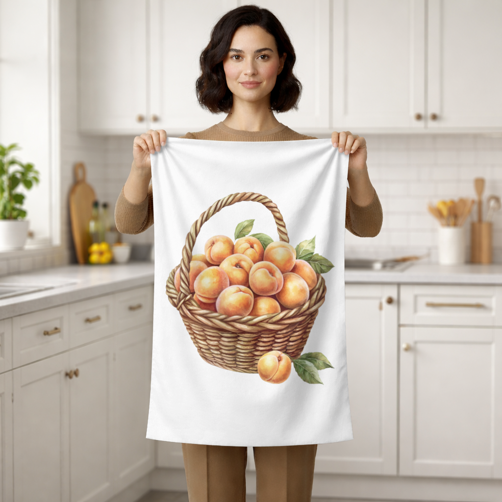 Fresh Peaches in Wicker Basket Hand Towel