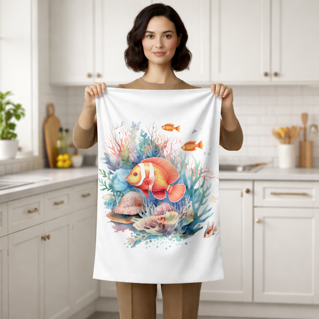 Watercolor Clownfish and Tropical Coral Reef Hand Towel