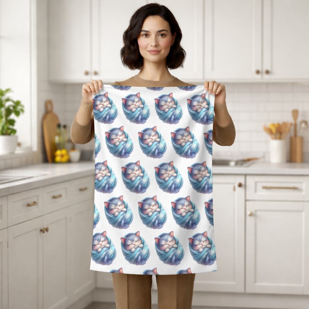 Kawaii Sleeping Kitten in Blue Swaddle Hand Towel