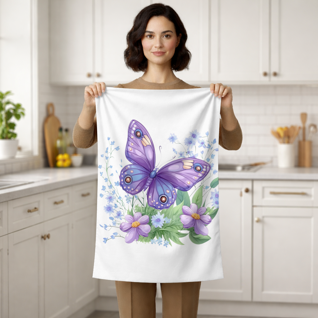 Mor Kelebek ve Mavi Kır Çiçekleri El Havlusu