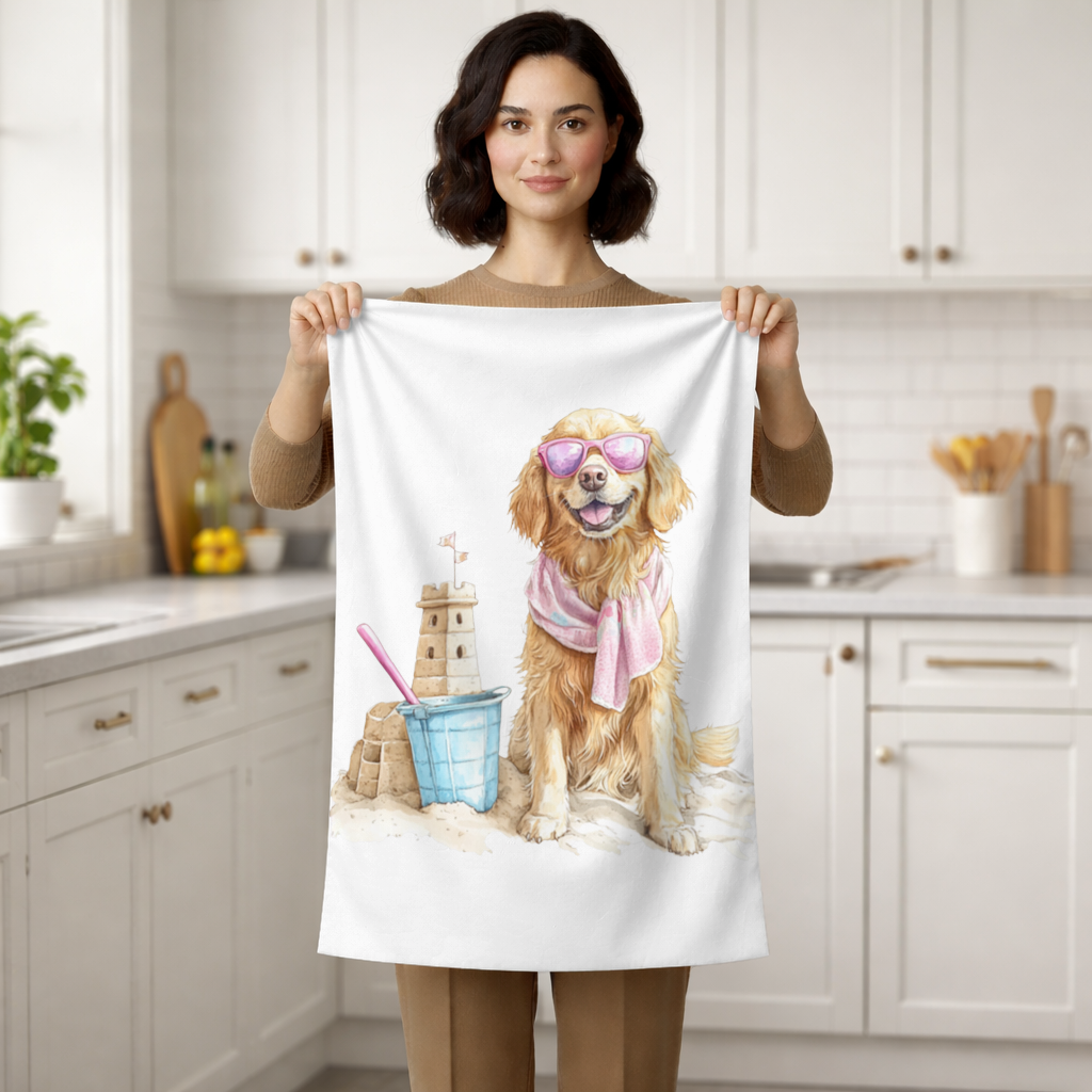 Plajda Pembe Gözlüklü Golden Retriever El Havlusu