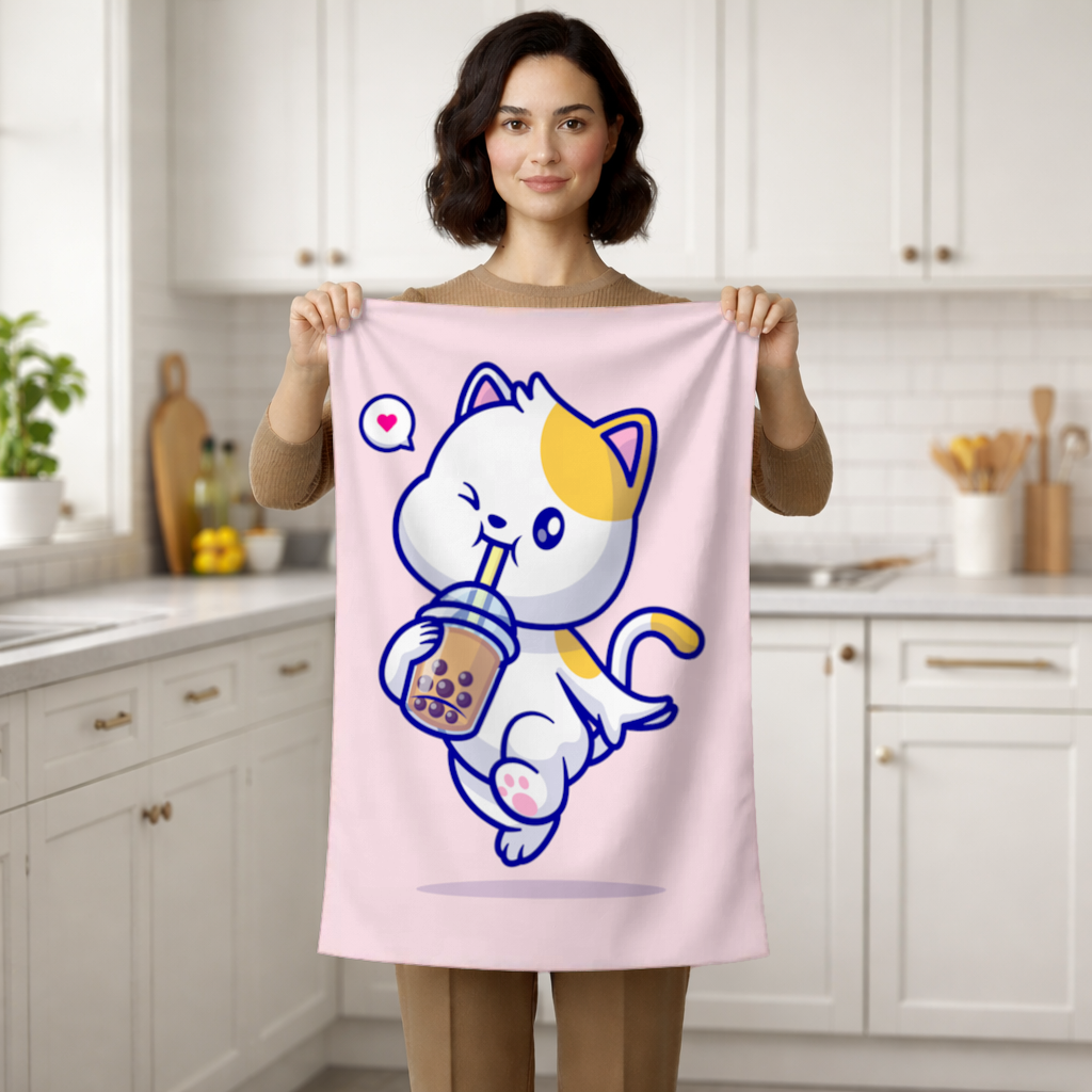 Kawaii Cat Drinking Boba Tea Hand Towel