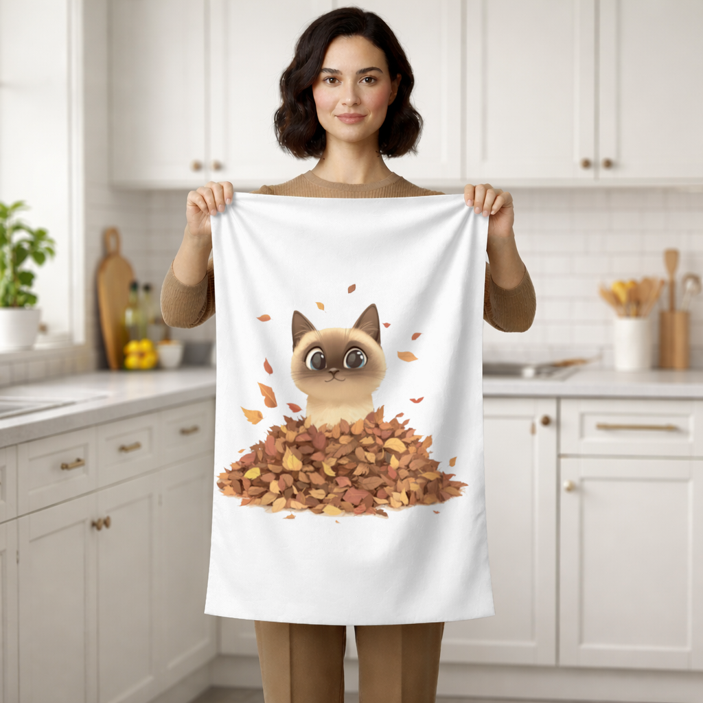 Siamese Cat in Autumn Leaf Pile Hand Towel