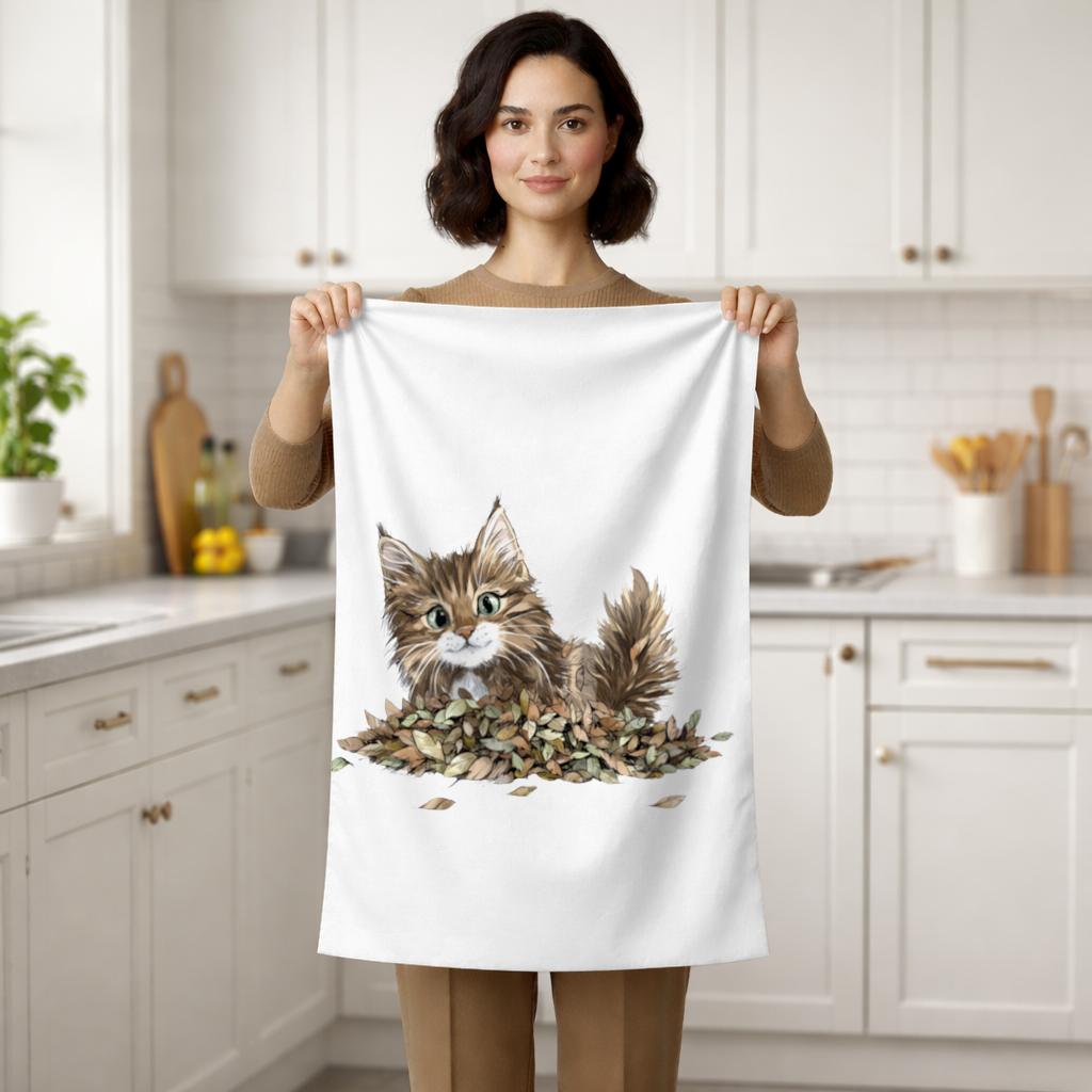 Cute Fluffy Kitten in Autumn Leaves Hand Towel
