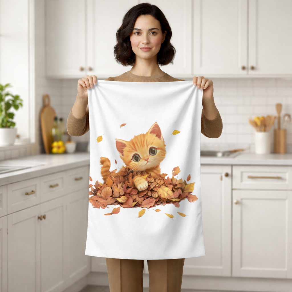 Ginger Kitten in Autumn Leaves Hand Towel