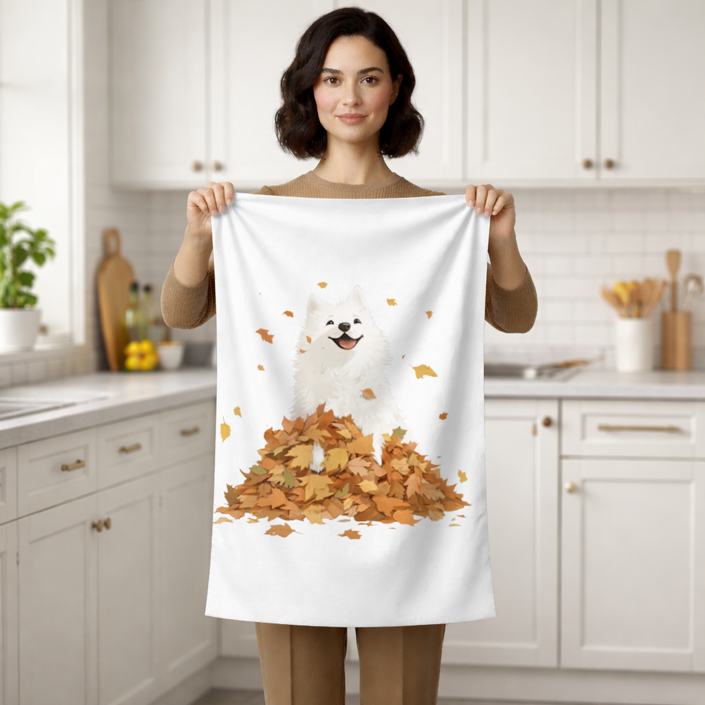 Happy White Dog in Autumn Leaves Hand Towel