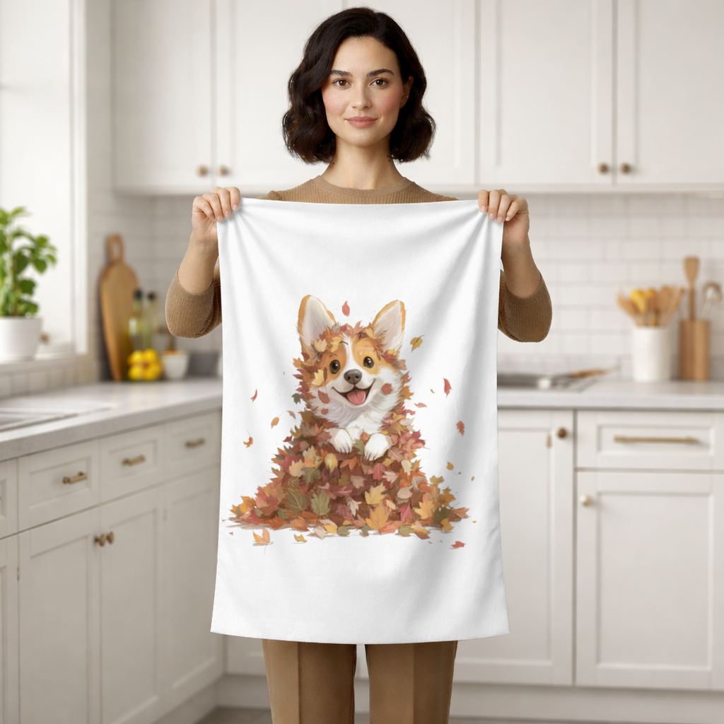 Happy Corgi Puppy in Fall Leaves 