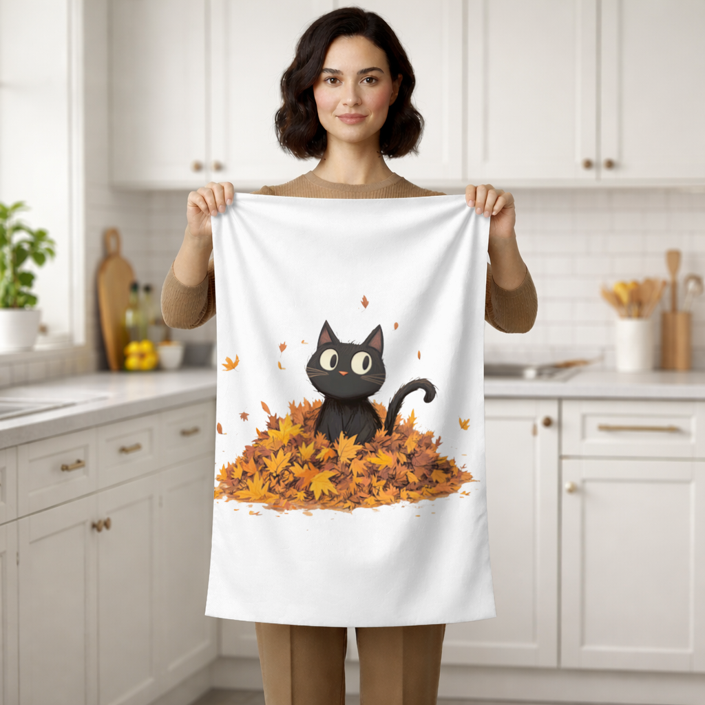 Cute Black Cat in Autumn Leaves 