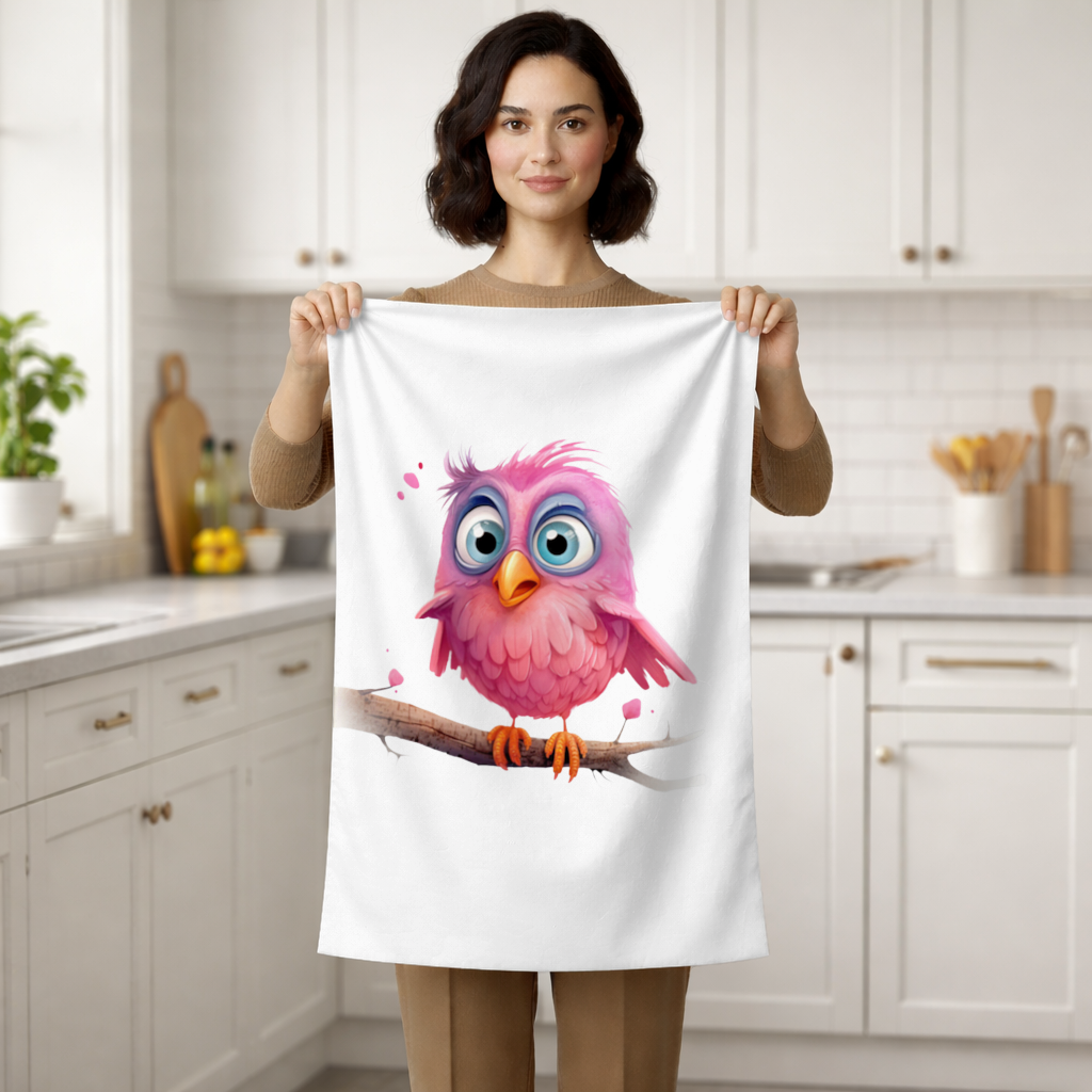 Cute Pink Bird with Large Blue Eyes Hand Towel