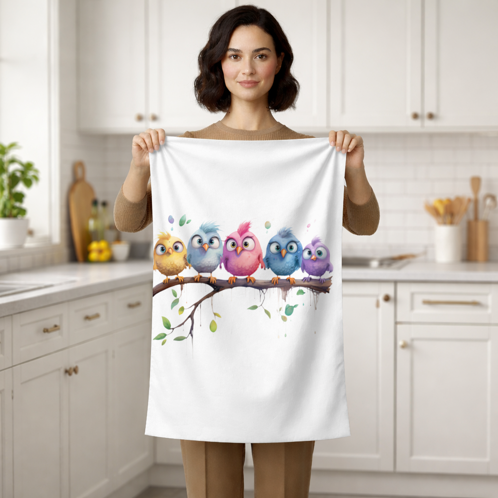 Five Colorful Kawaii Birds on Branch Hand Towel