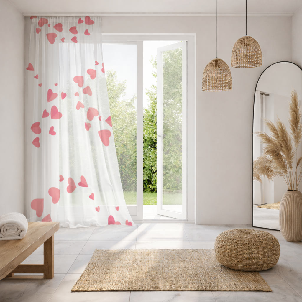 Red Hearts Frame Design Sheer Curtain