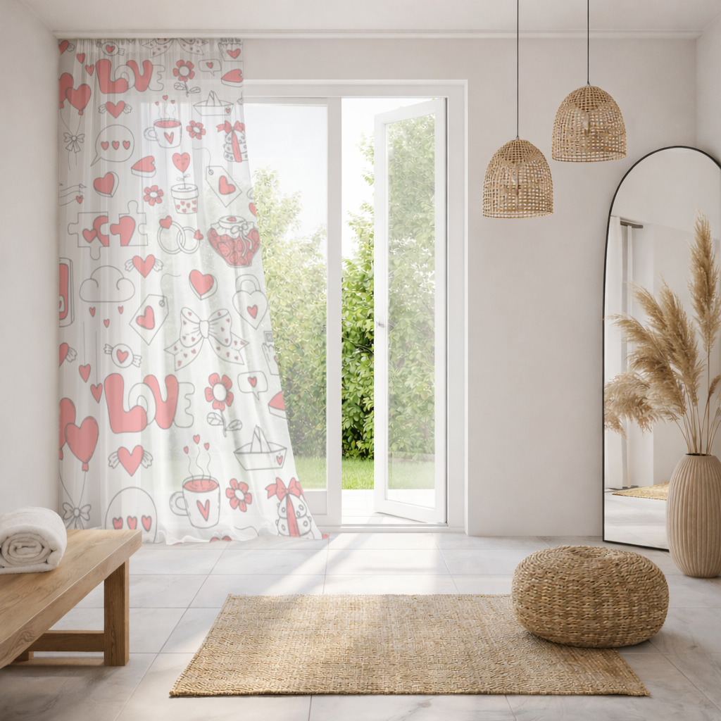 Valentines Day Doodle Love Heart Pattern Cute Design Sheer Curtain
