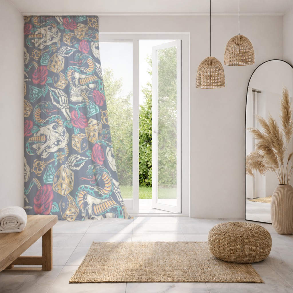 Skull Snake Dice and Roses Pattern Sheer Curtain