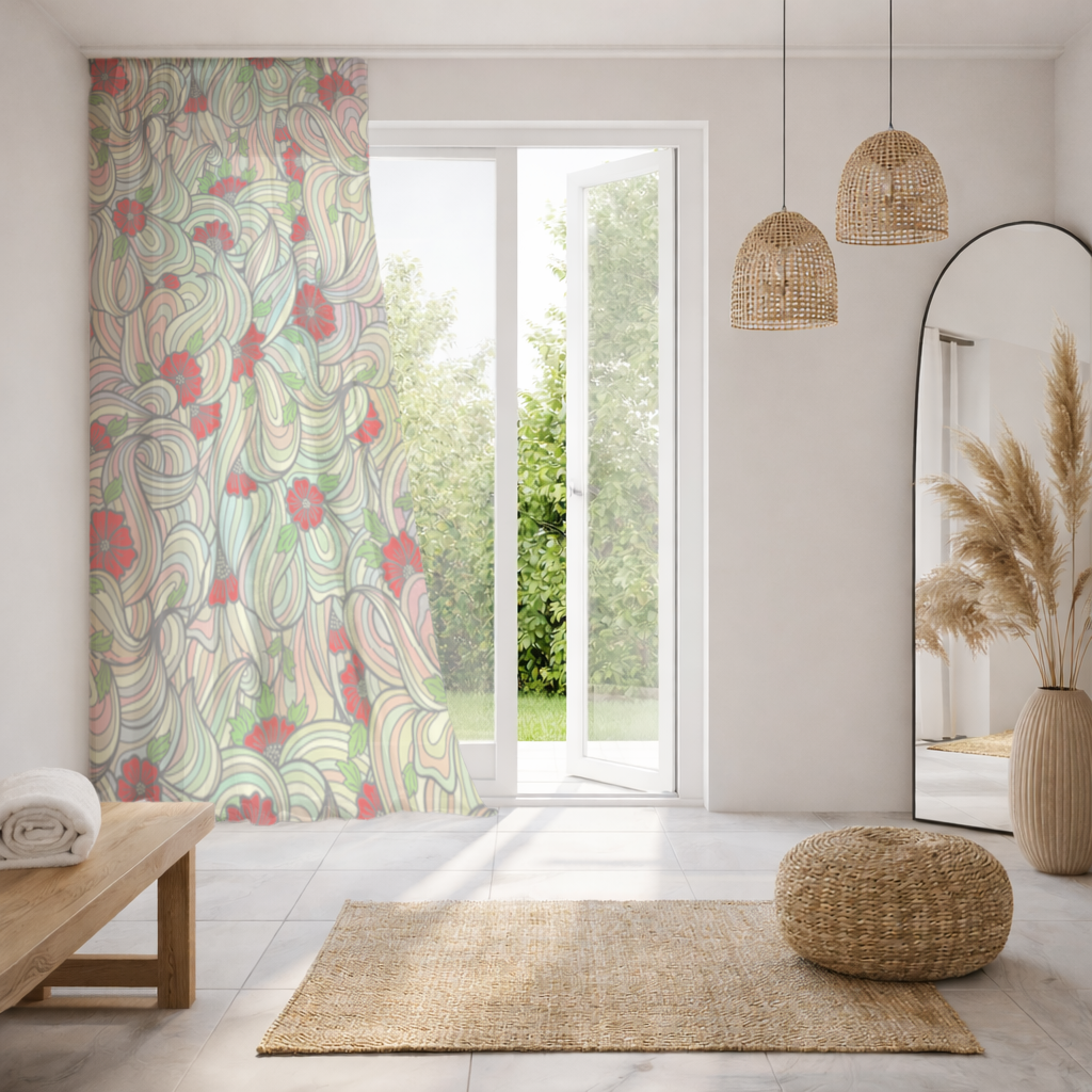 Floral Retro Wavy Pattern Sheer Curtain