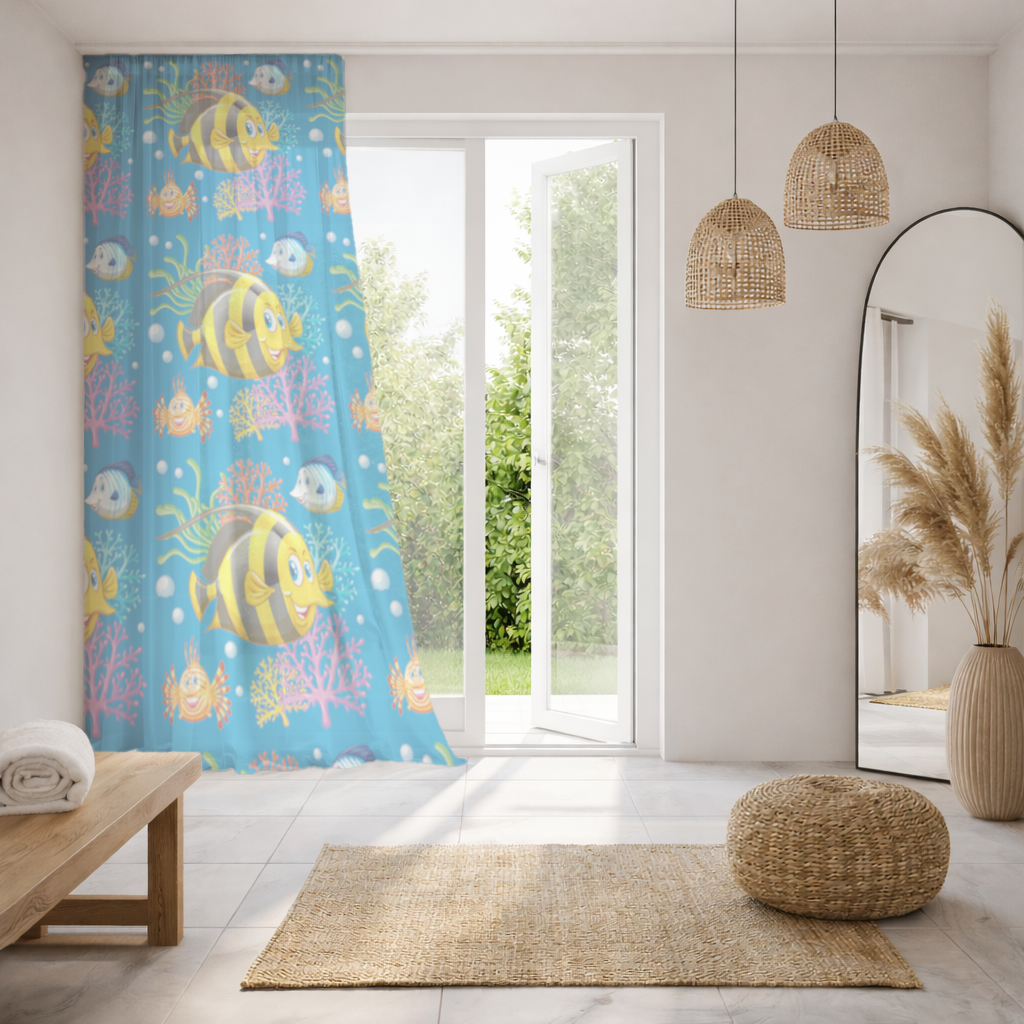 Colorful Tropical Fish and Coral Reef Pattern Sheer Curtain