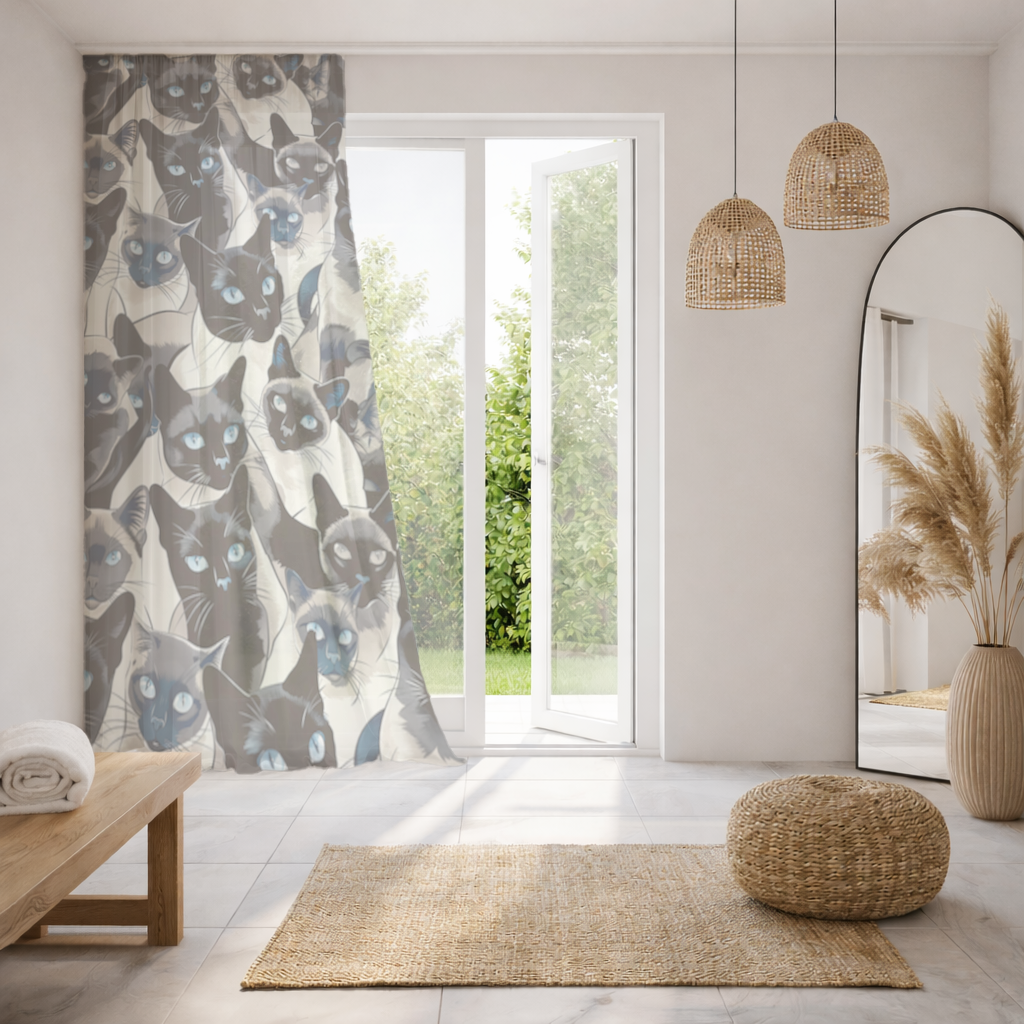 Blue Eyed Siamese Cat Elegant Illustration Pattern Sheer Curtain