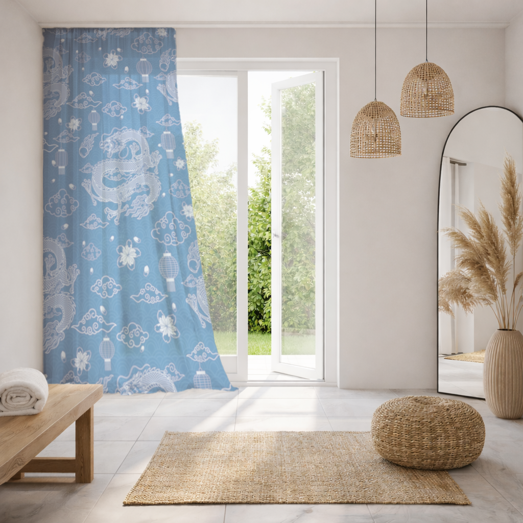 Traditional Dragon Pattern on Blue Background Sheer Curtain