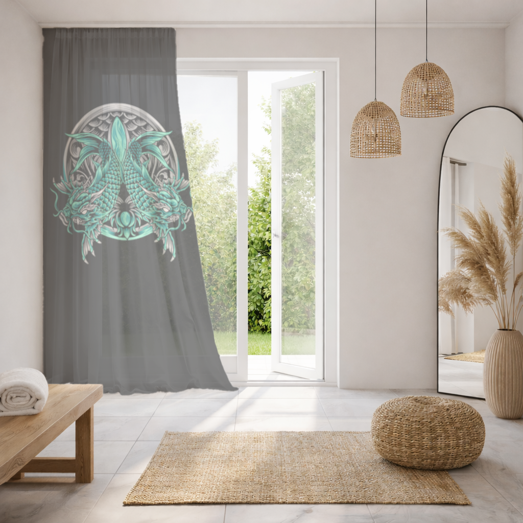 Turquoise Twin Dragon Emblem Design Sheer Curtain