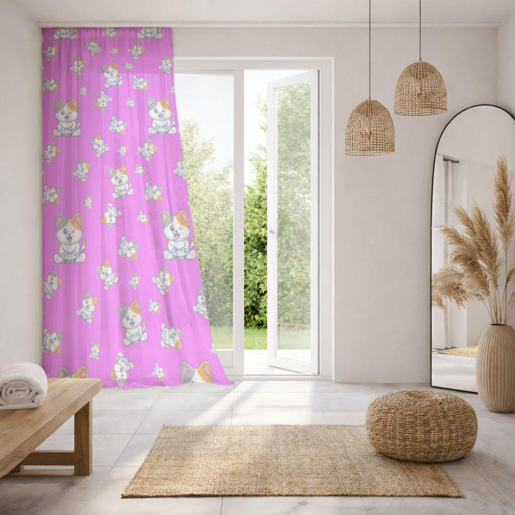 Cute Cartoon Cat Pattern on Pink Background Sheer Curtain