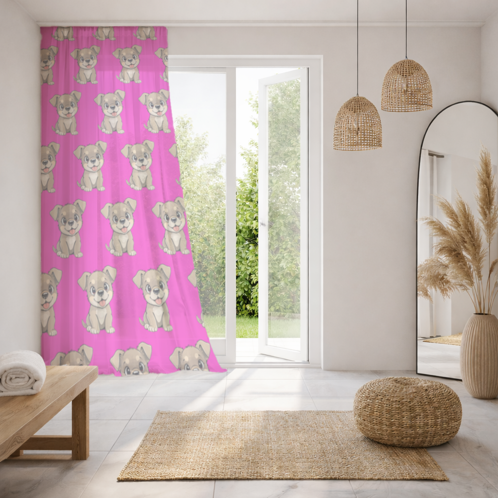 Cute Dog Illustration on Pink Background Sheer Curtain
