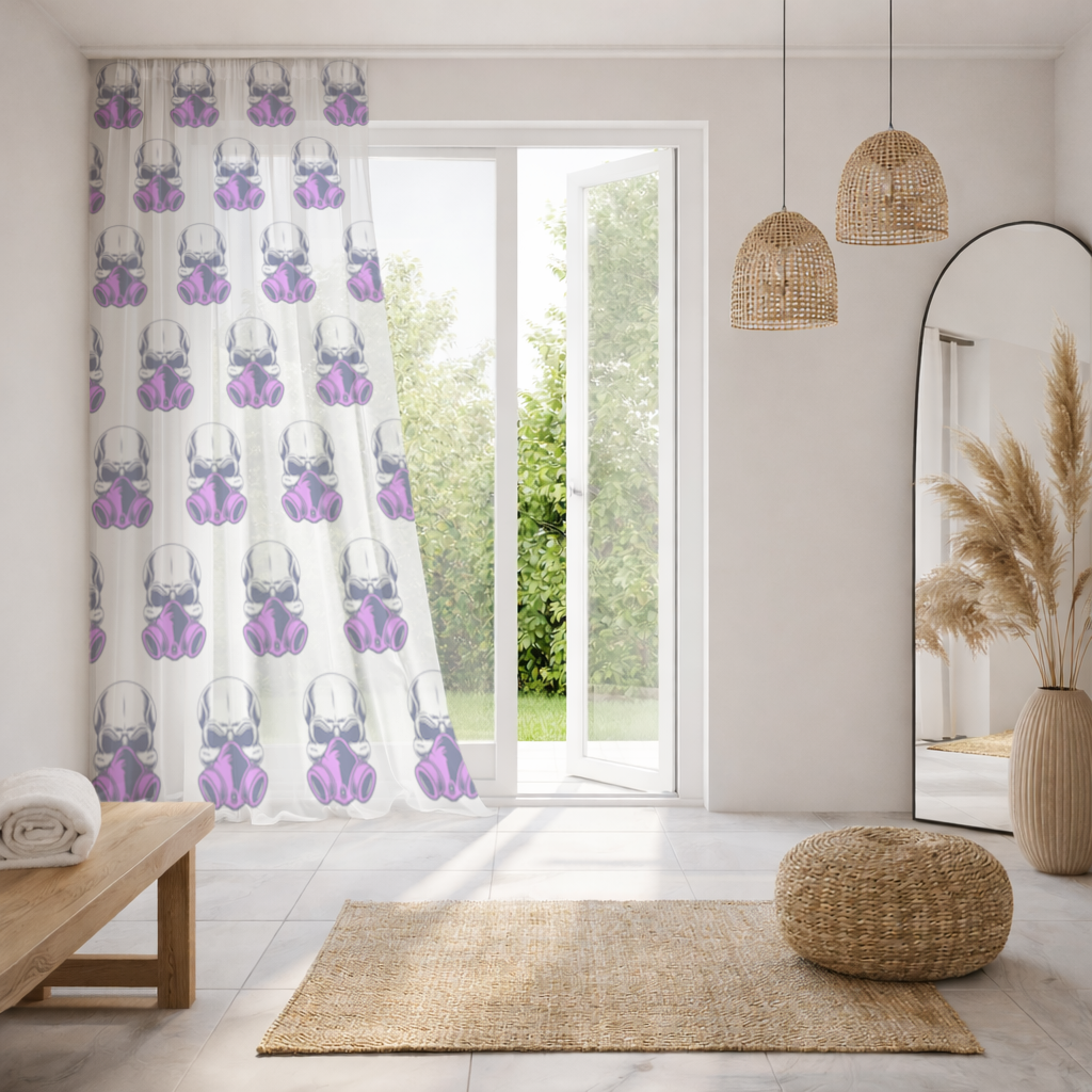 Skull with Gas Mask Illustration Modern and Edgy Design Sheer Curtain