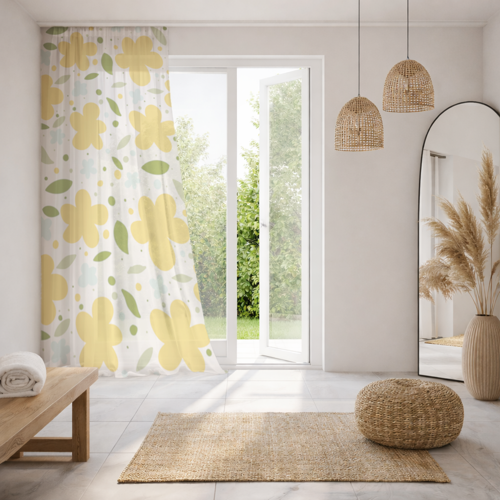 Yellow Floral and Leaf Boho Seamless Pattern Sheer Curtain