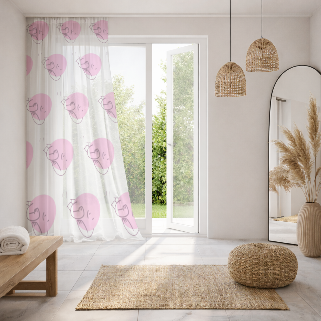 Cute Pink Lying Character Illustration Sheer Curtain
