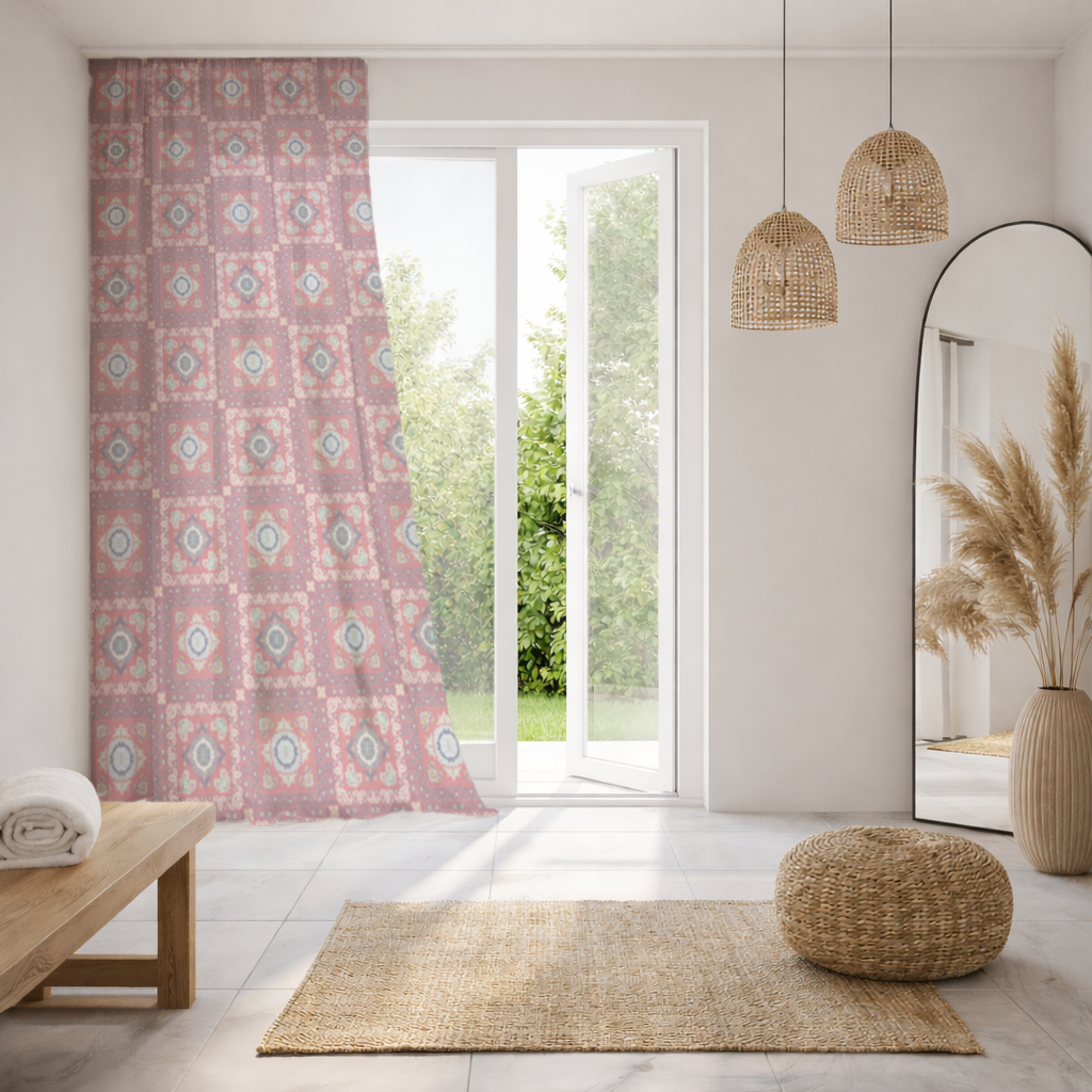 Traditional Kilim Inspired Red Ethnic Geometric Pattern Sheer Curtain
