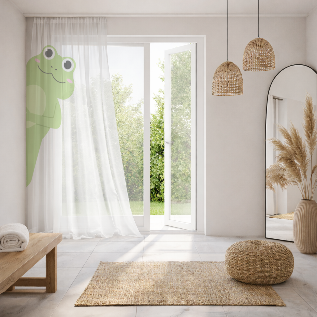 Cute Green Frog Peek-a-Boo Illustration Sheer Curtain