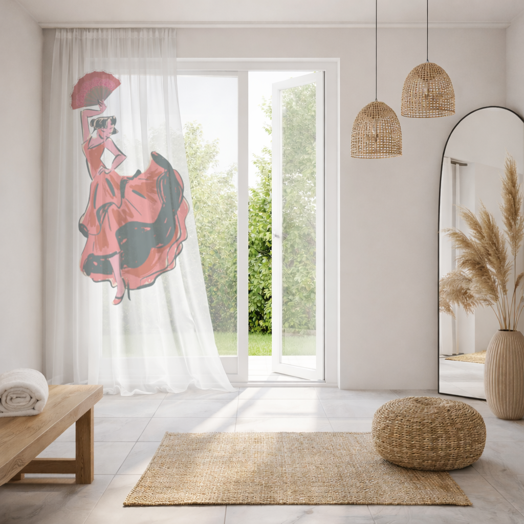 Flamenco Dancer with Fan Illustration Sheer Curtain