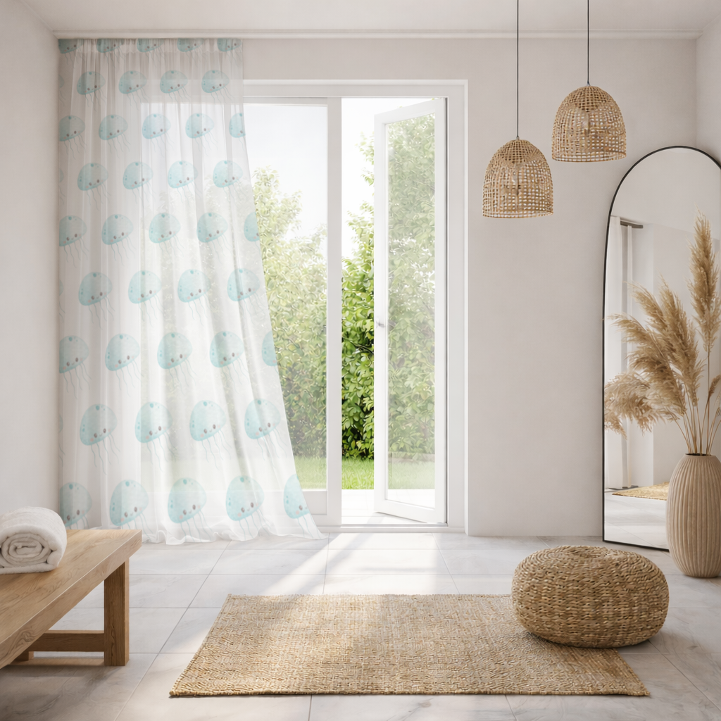 Cute Blue Jellyfish Character Sheer Curtain
