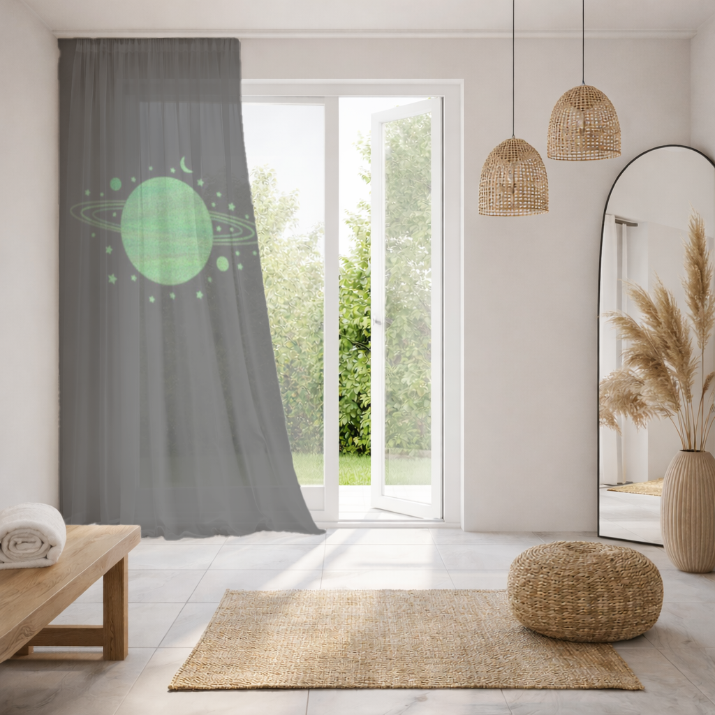 Green planets on a black background. Sheer Curtain