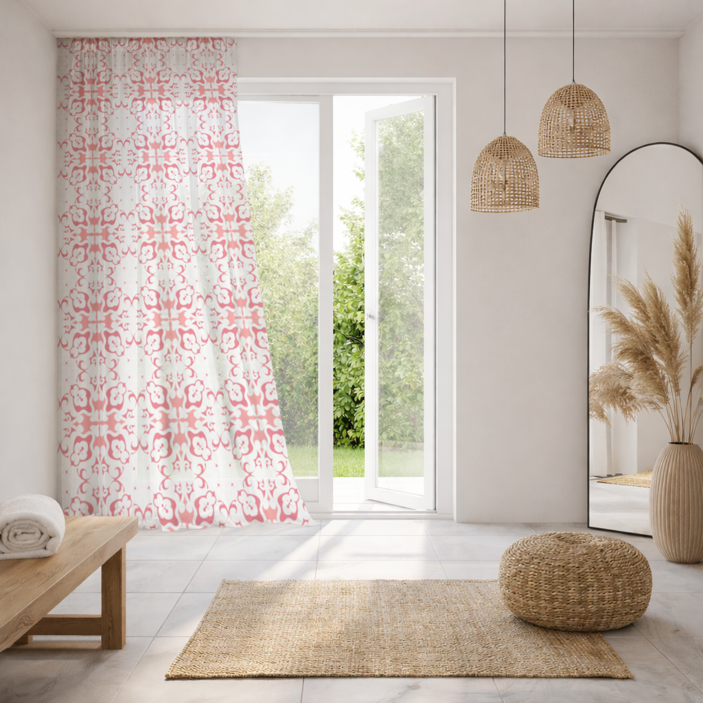Red and White Traditional Tile Style Pattern Sheer Curtain