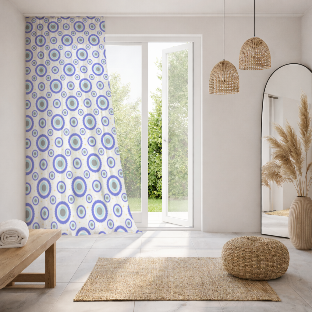 Blue Evil Eye Pattern with Stars Sheer Curtain