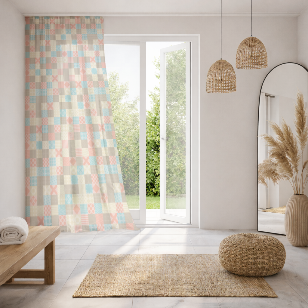 Colorful Modern Geometric Square Pattern Sheer Curtain