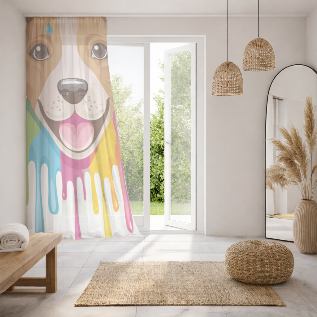 Happy Dog with Colorful Paint Drips Sheer Curtain