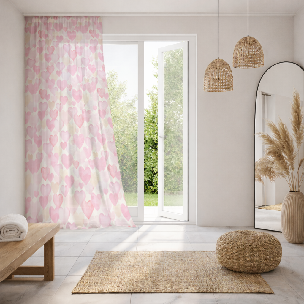 Watercolor Pink Hearts Sheer Curtain
