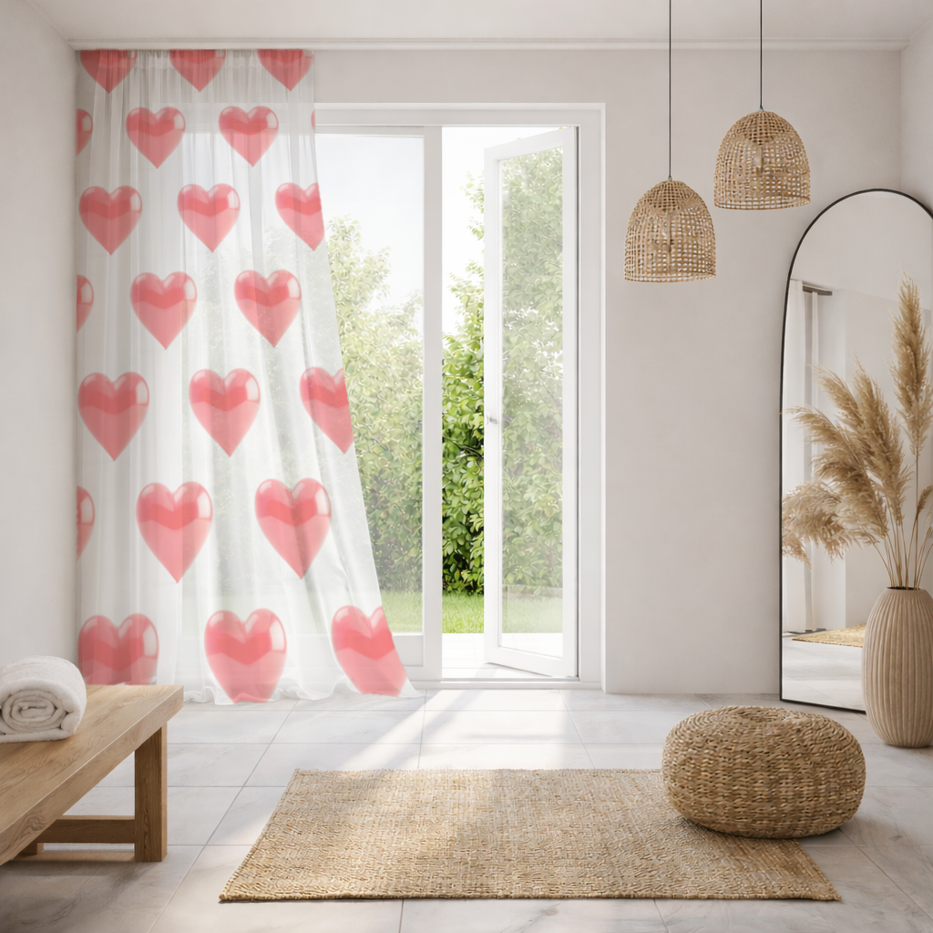 Glossy Red 3D Heart Sheer Curtain