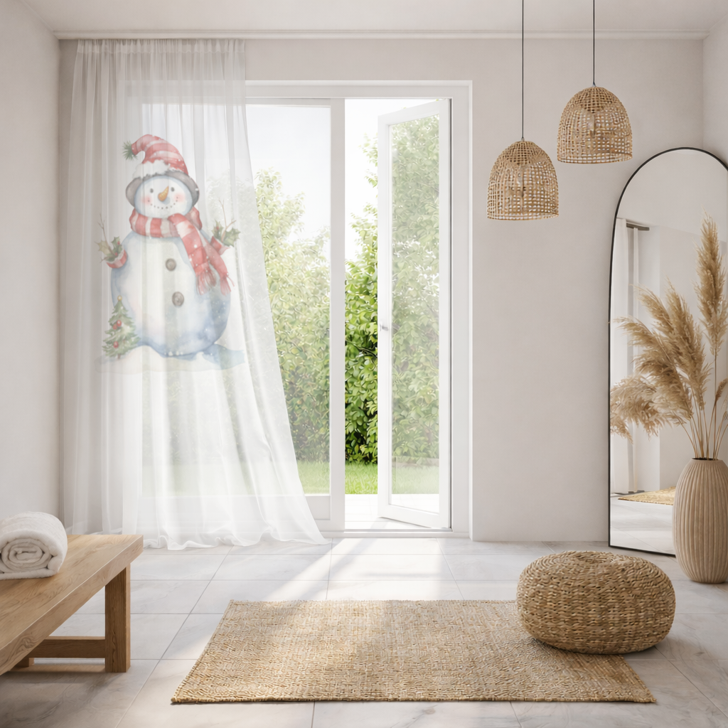 Whimsical Red Snowman Sheer Curtain