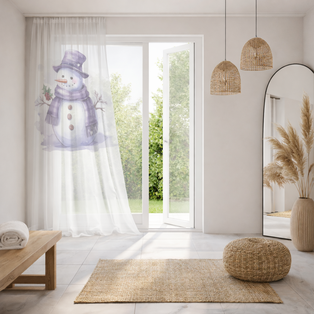 Whimsical Purple Snowman Sheer Curtain