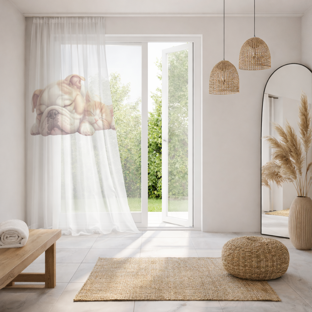 Sleeping Bulldog and Ginger Kitten Sheer Curtain