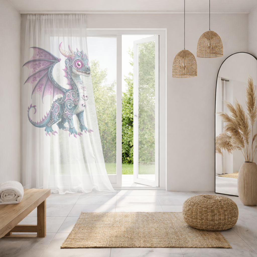 Purple Sugar Skull Dragon Sheer Curtain