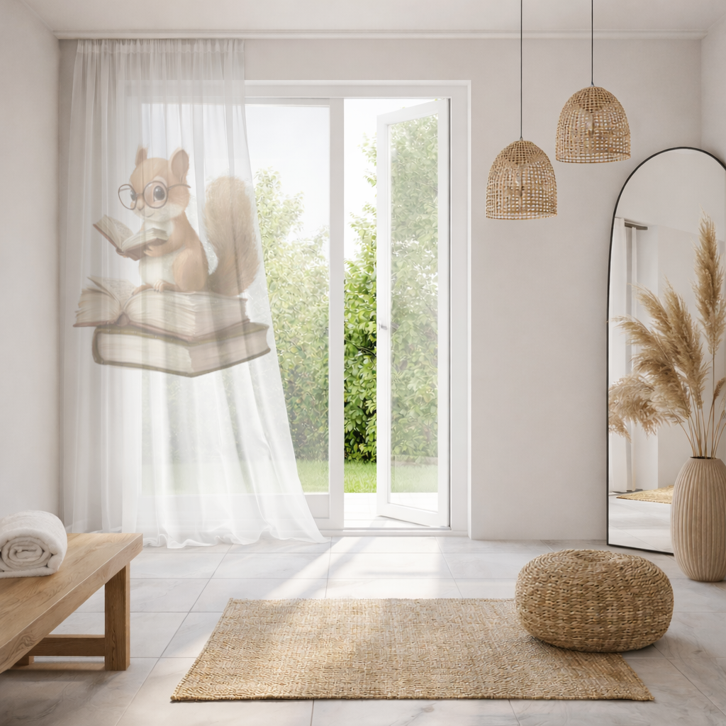 Scholarly Squirrel Reading on Book Stack Sheer Curtain