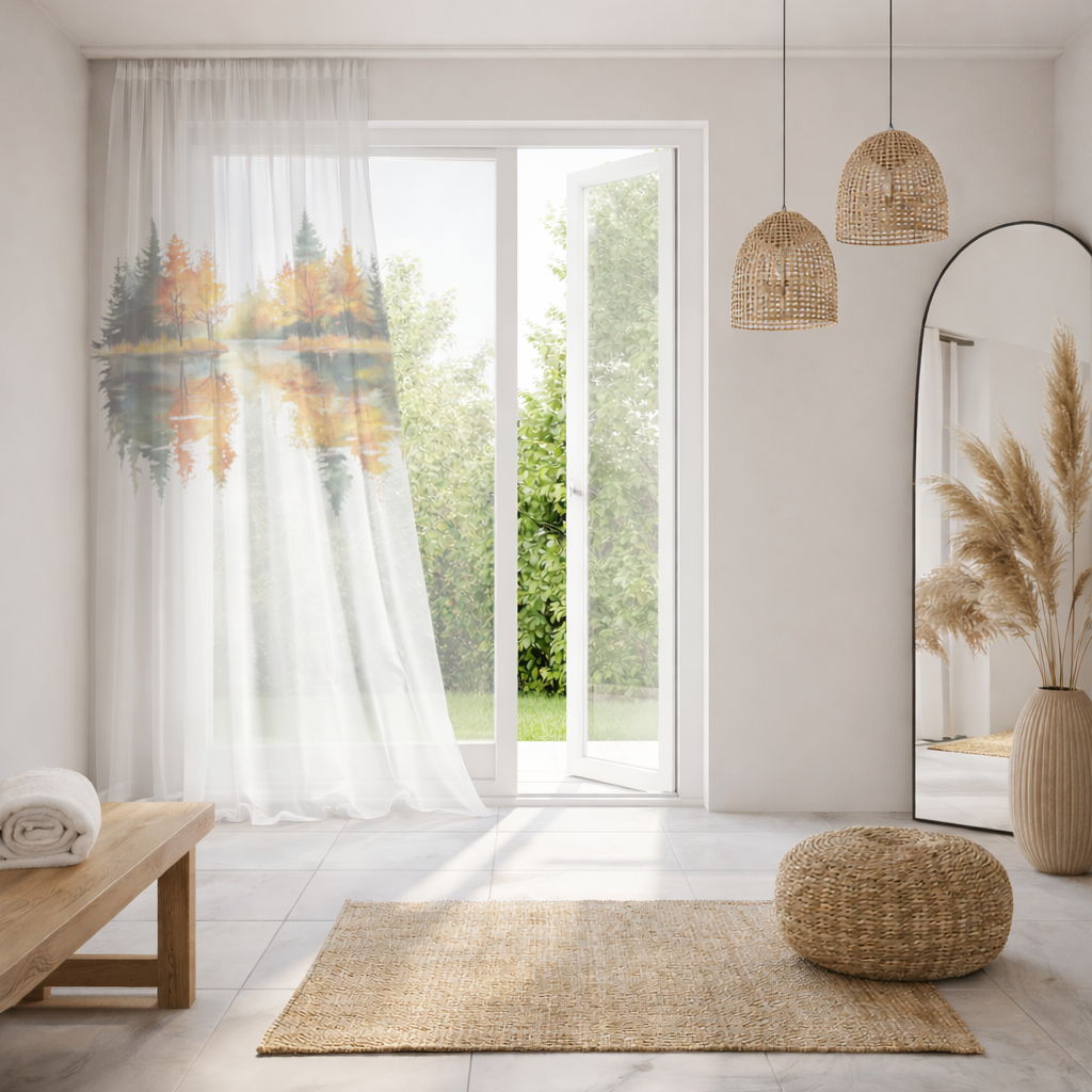 Autumn Forest Lake Reflection Sheer Curtain